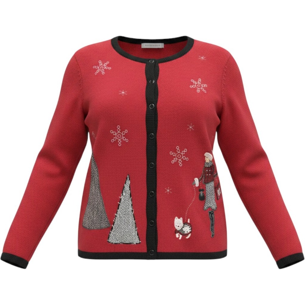 Christopher & Banks Cardigan Wmn L Red Ramie Cotton Christmas Dog Winter Classic